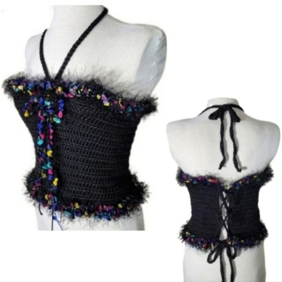 HANDCRAFTED Top Corsetted Cropped Crochet Black Size M - Picture 13 of 13